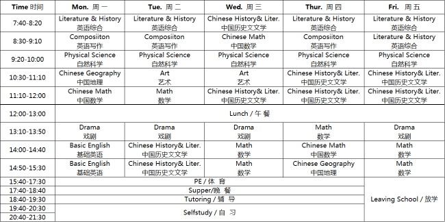 美国威力塔斯学校北京校区八年级课程表