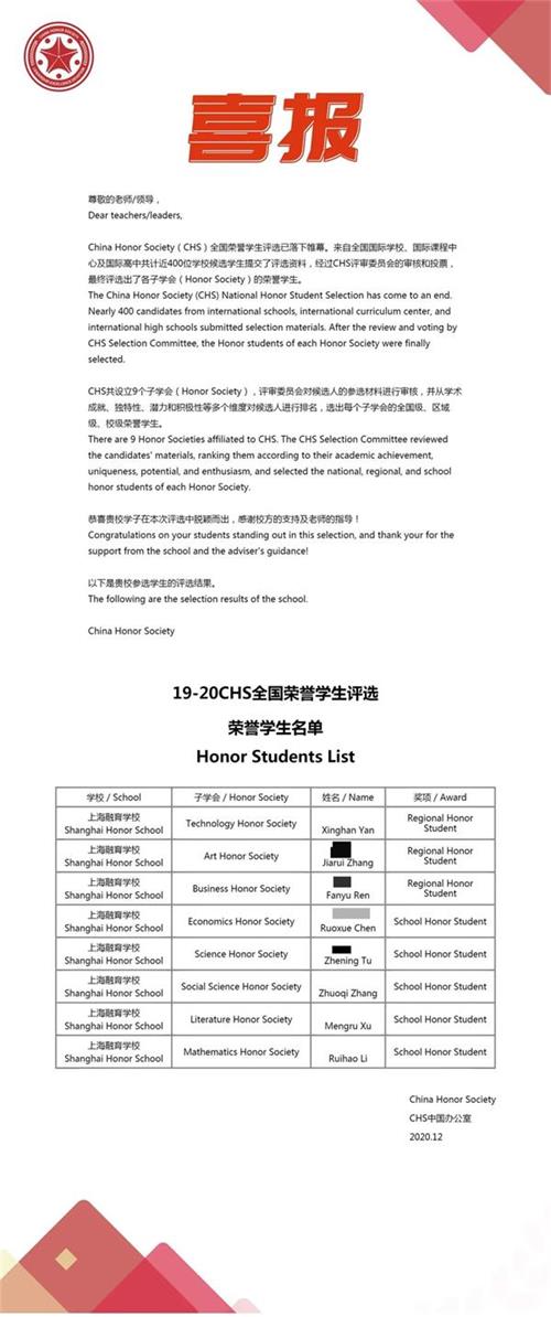 8位上海融育学校学子荣获19-20CHS全国荣誉学生称号喜报图片